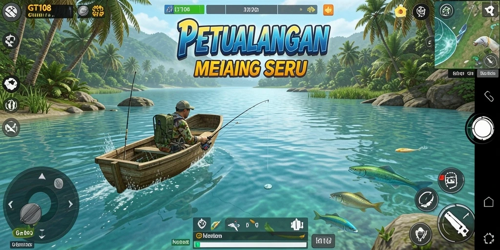 Screenshot gameplay GT108 menampilkan pengalaman memancing yang mendalam.