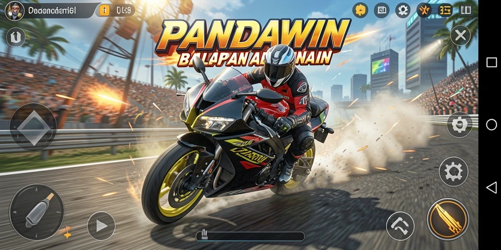 Screenshot gameplay <strong>PANDAWIN</strong> menampilkan balapan motor yang seru dan mendebarkan.
