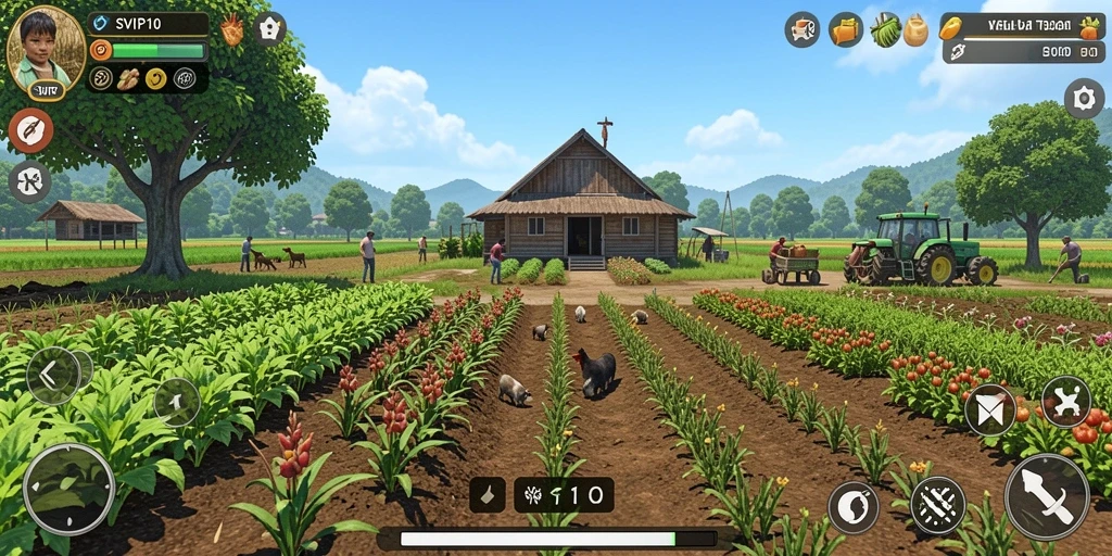Tangkapan layar gameplay SVIP10 yang menunjukkan ladang pertanian yang subur.