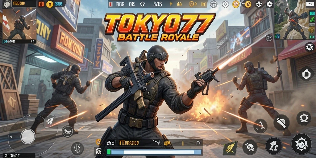 Screenshot menunjukkan pemain dalam aksi pertempuran Battle Royale yang mendebarkan.